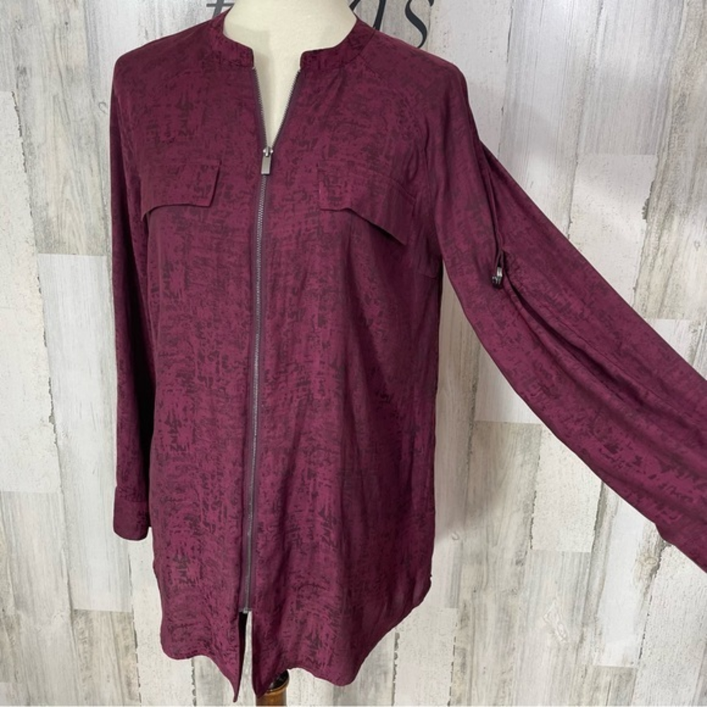 Rock & Republic Red Black Long Sleeve Zip Up Shirt Top Blouse Sz M